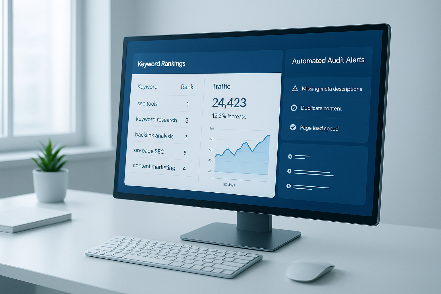 SEO agent dashboard showing automated keyword rankings and site audit results