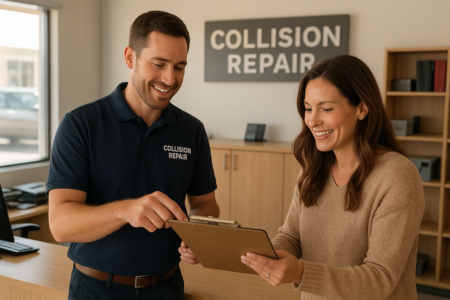 Customer reviewing an auto body repair estimate with a shop advisor at a local collision center