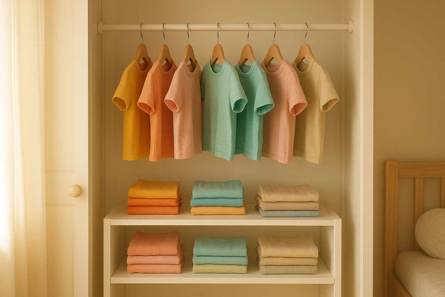Rotating rack of children's clothing illustrating fashion solutions for growing kids