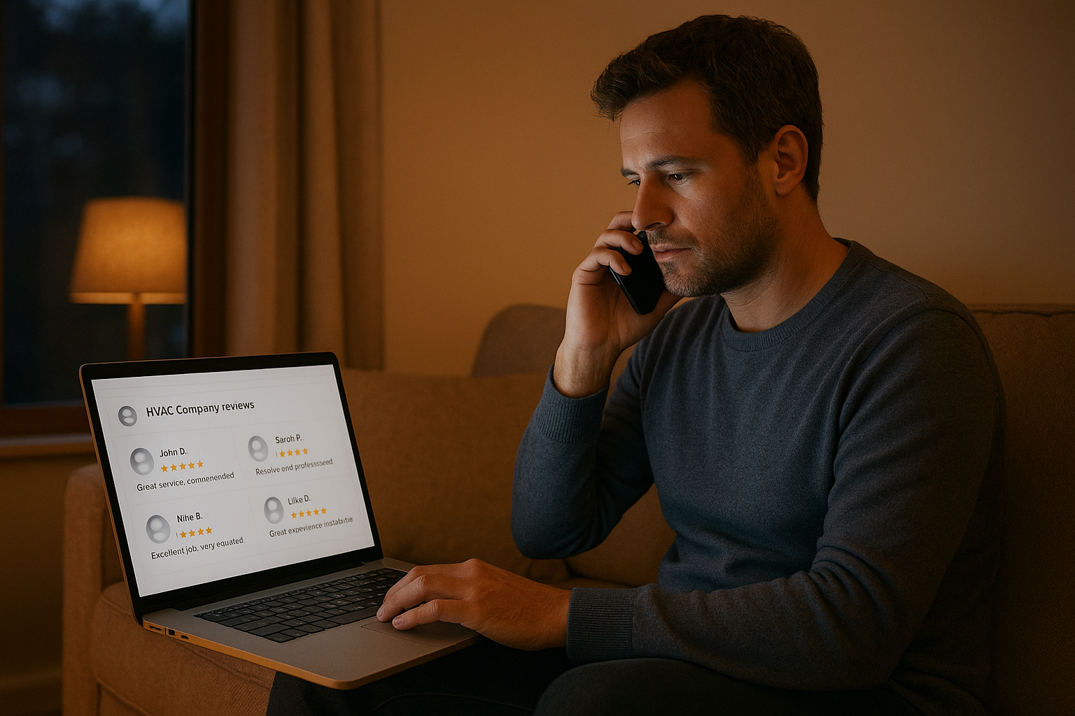 Homeowner comparing HVAC company Google reviews on a laptop before choosing a contractor