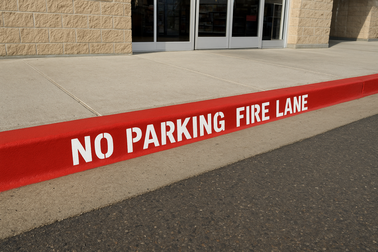 Red fire lane curb marking painted near a retail store entrance