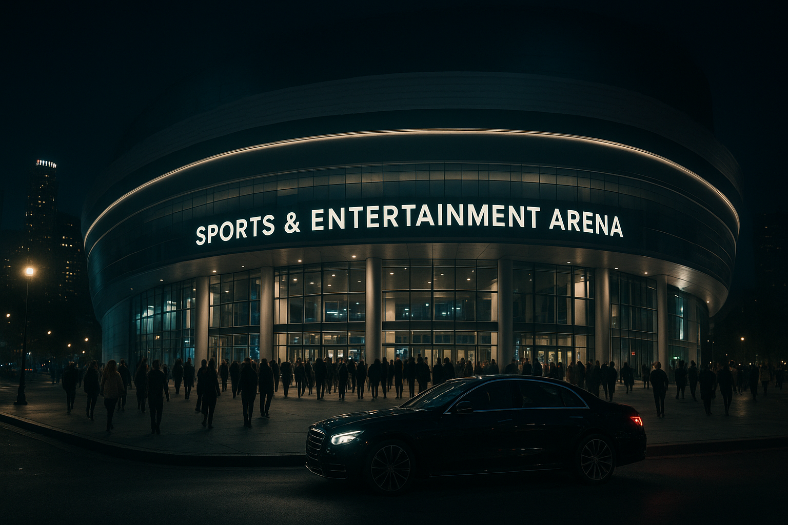 Downtown Los Angeles arena entrance at night with a luxury vehicle waiting curbside