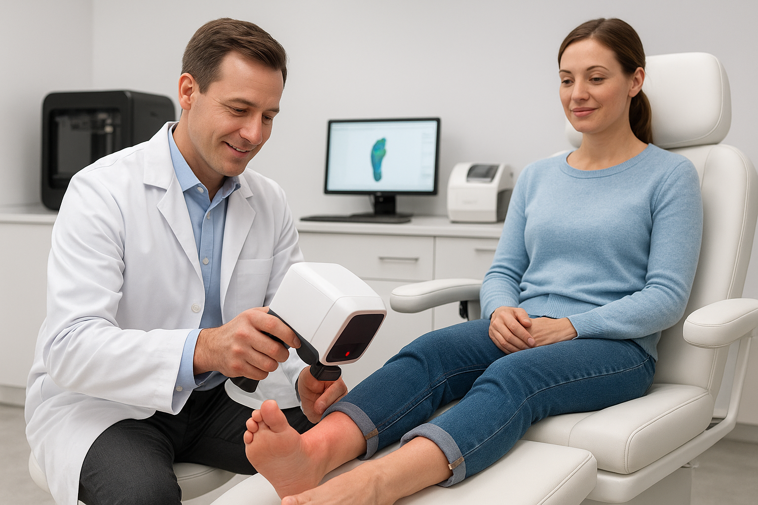 Podiatrist scanning a patient's foot to create custom plantar fasciitis orthotics