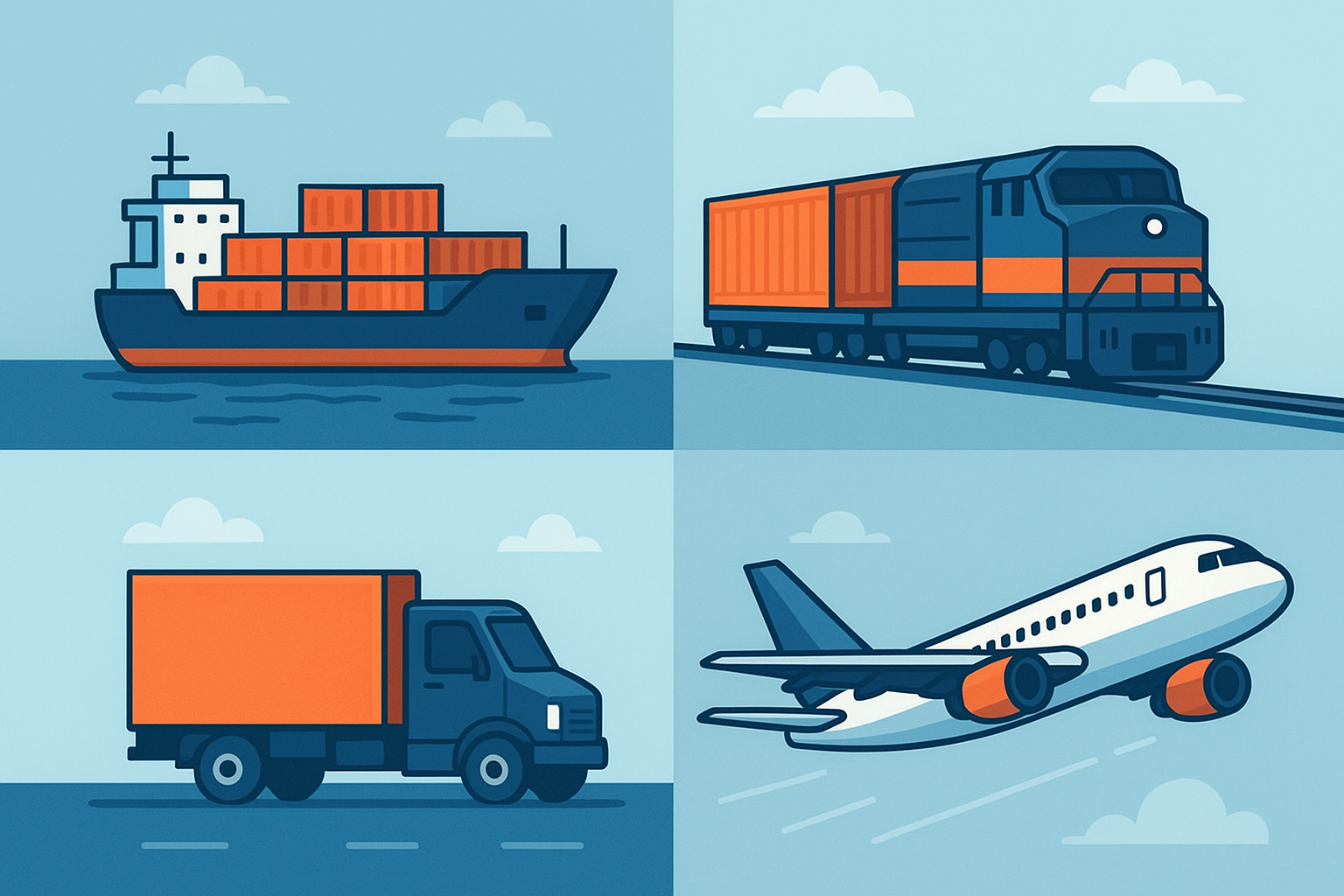 Illustration of multiple freight transportation modes including truck, rail, ocean, and air