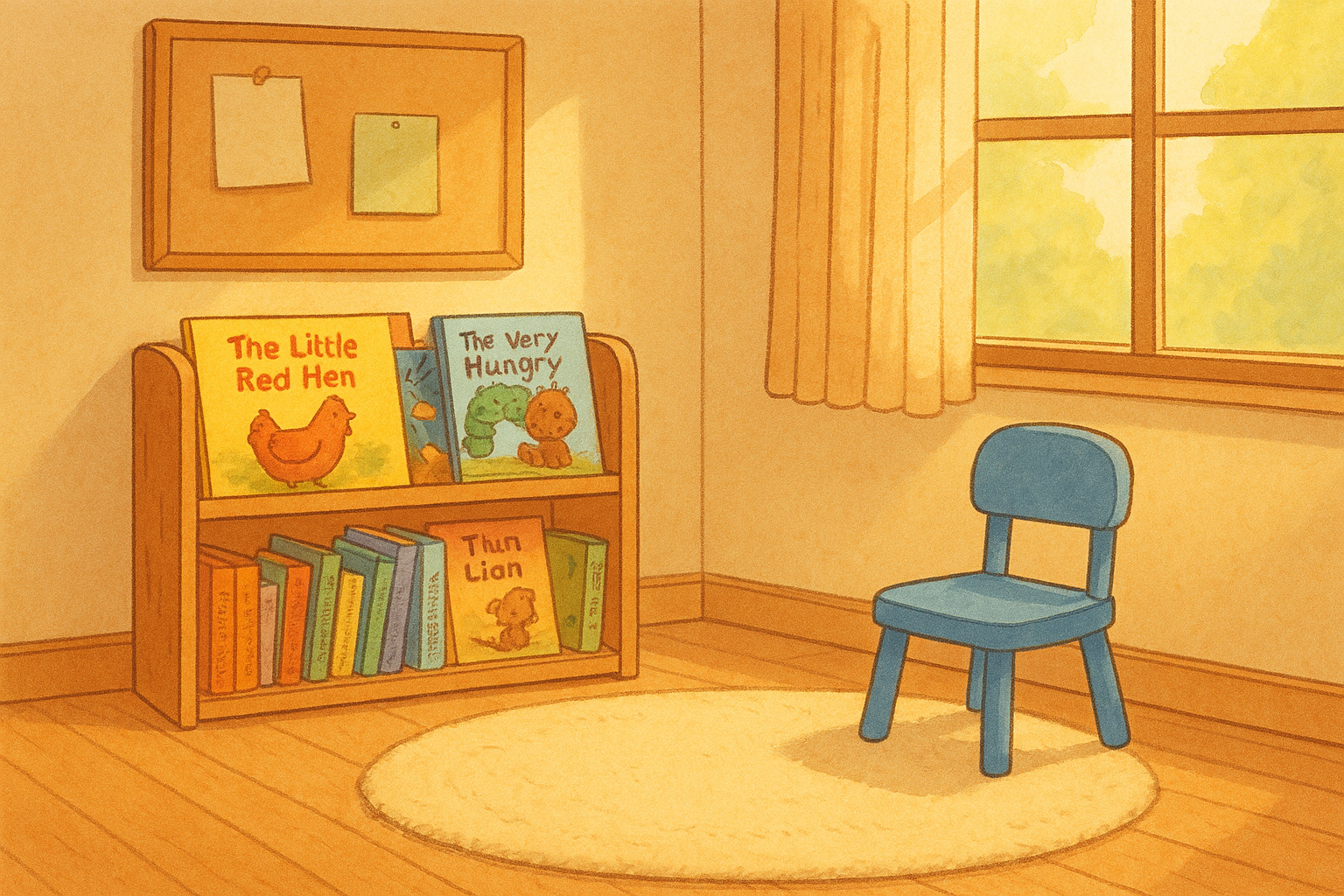 Classroom reading corner stocked with speech sound story books for young communicators