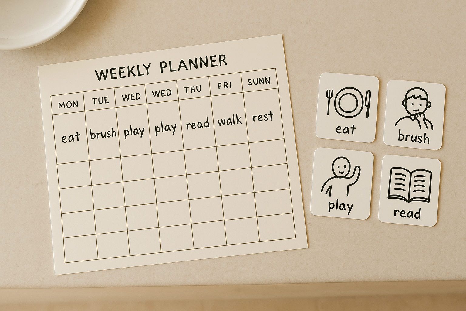 Weekly planning calendar used to organize AAC home carryover activities and core words