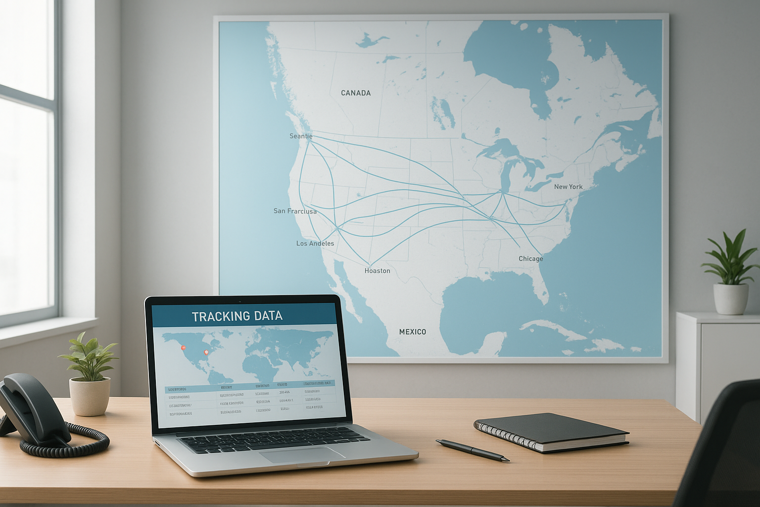 Logistics office wall map showing cross-border shipping routes across North America