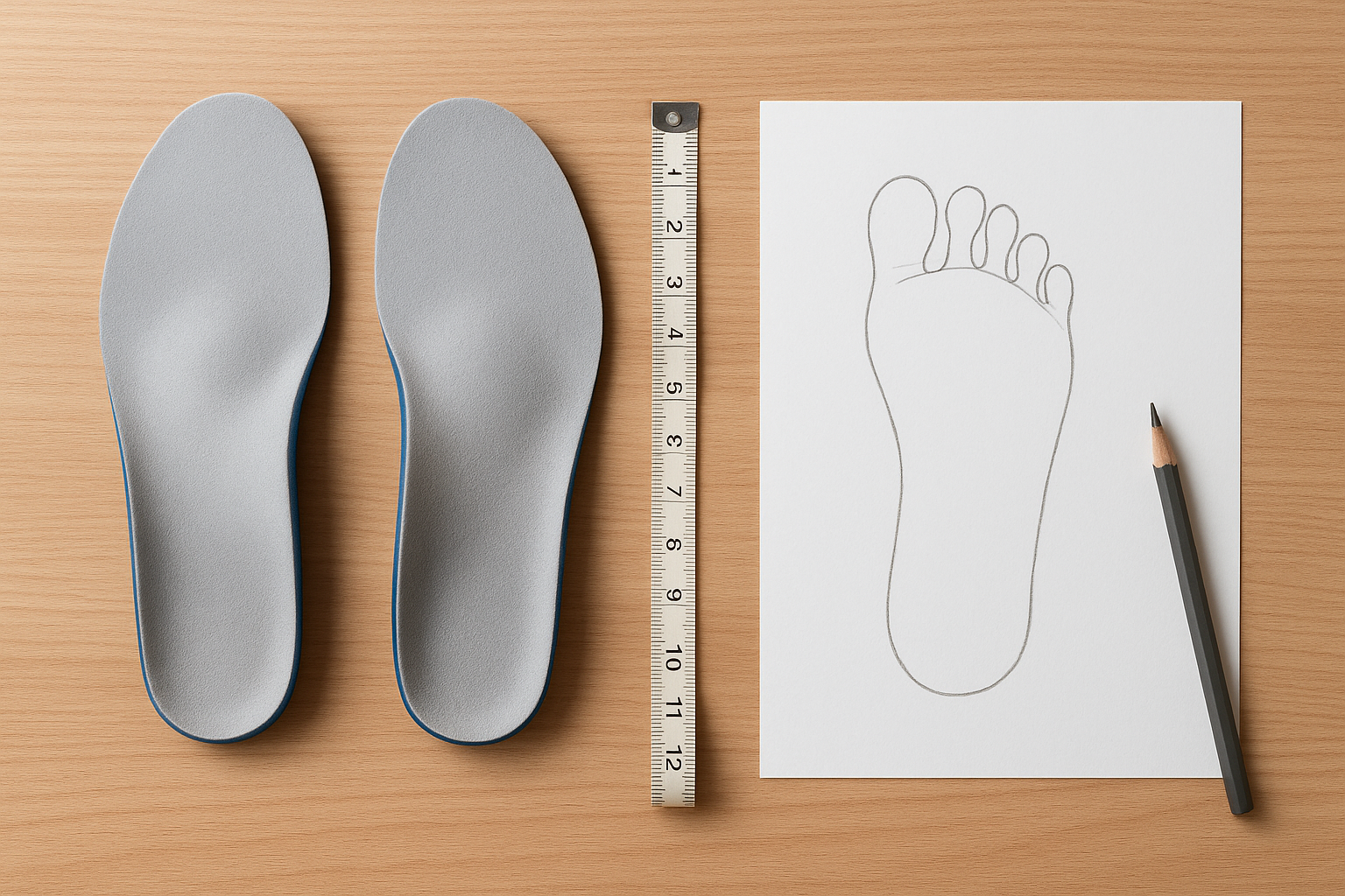 Flat lay of custom orthotic insoles alongside foot measurement tools used for daily fitting