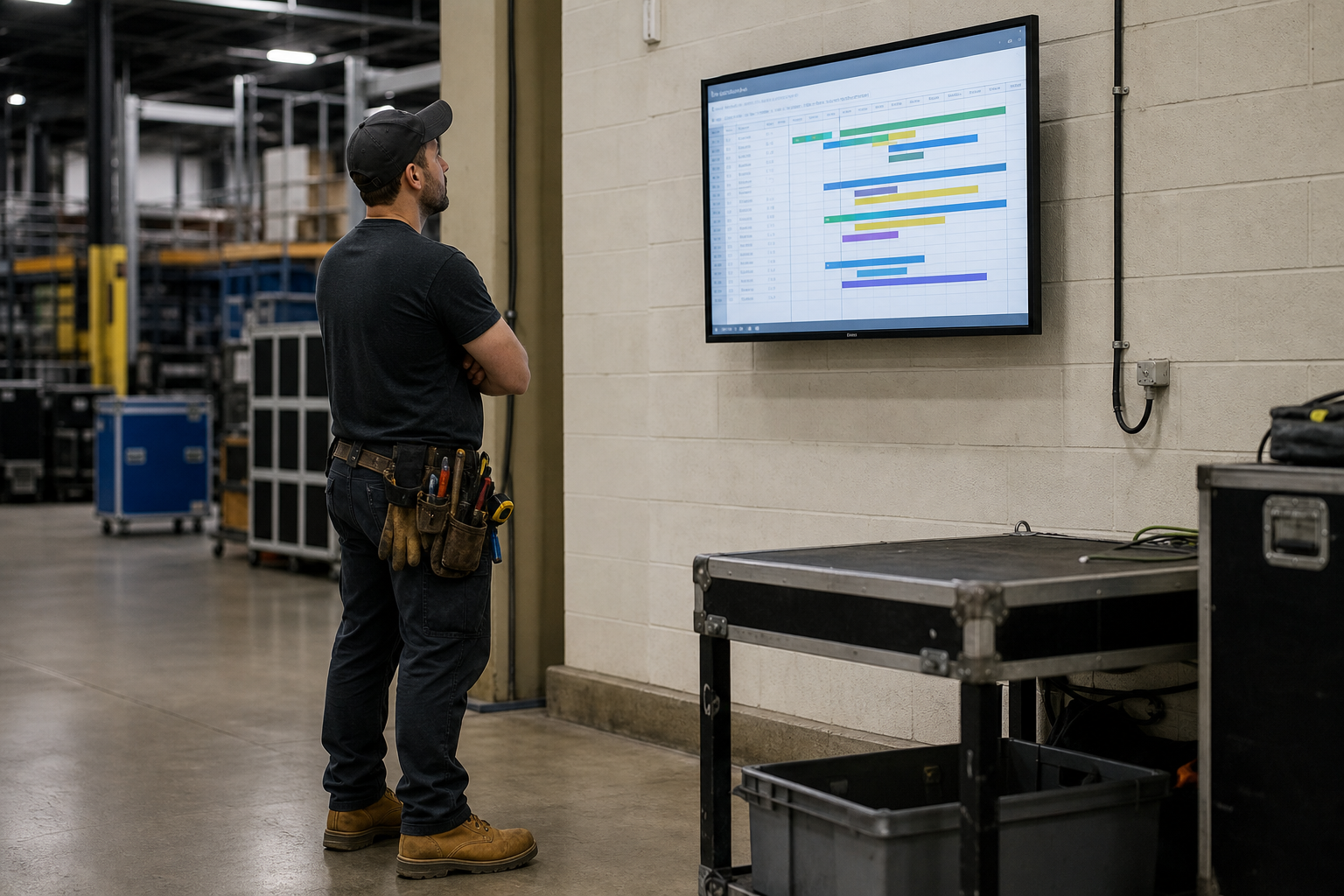 Production crew checking a job board display for upcoming remodeling installations