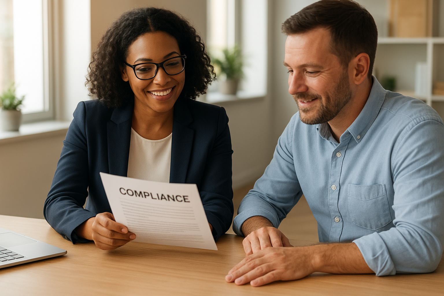 HR consultant reviewing compliance documents with a small business owner as part of HR support for businesses