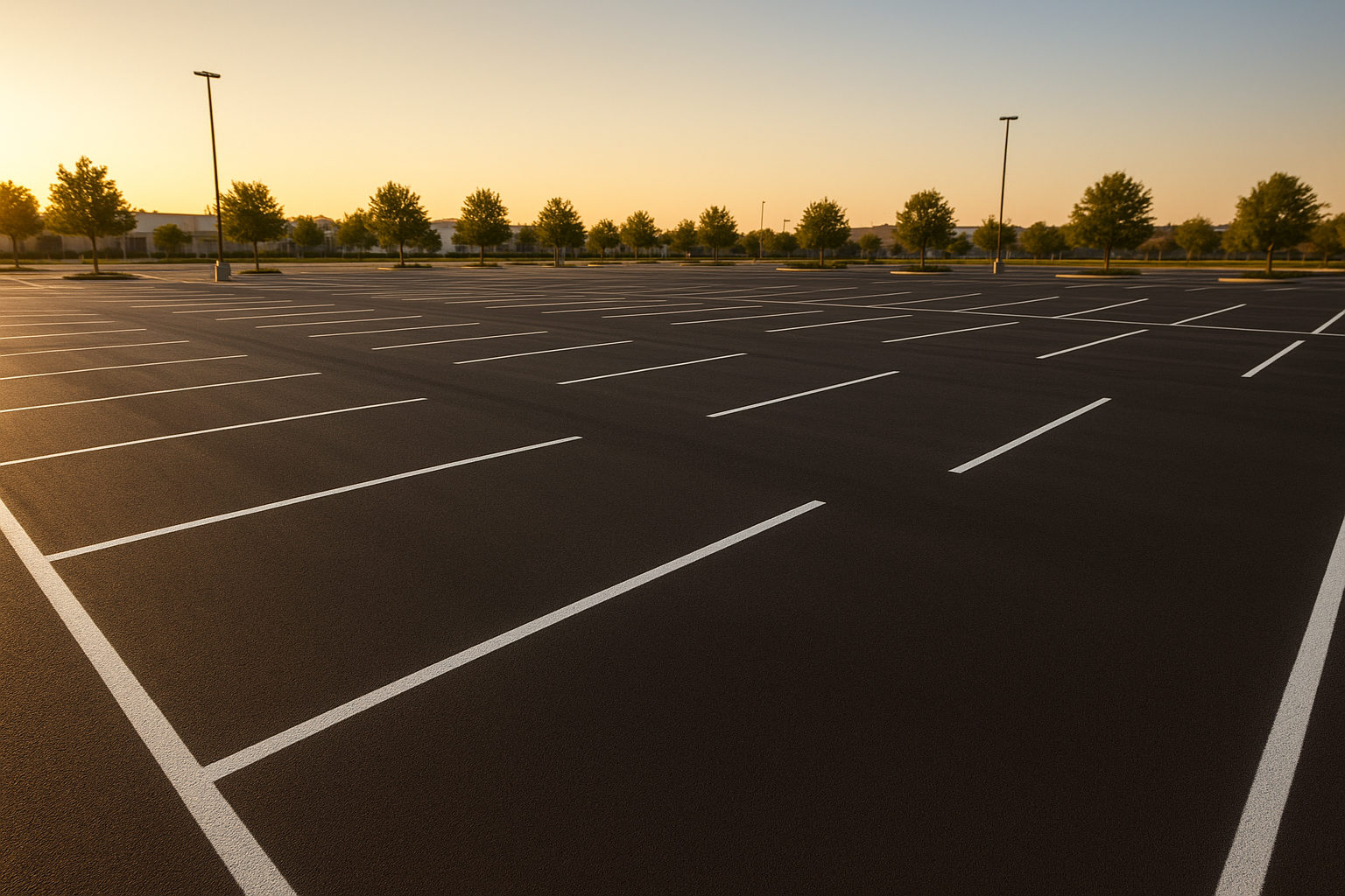 Freshly completed parking lot line painting with white stall markings on dark asphalt