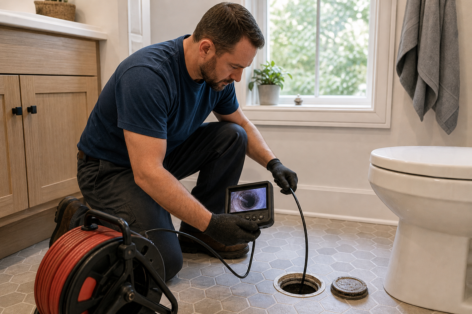 Plumber performing a drain camera inspection Terrell homeowner scheduled for a slow drain