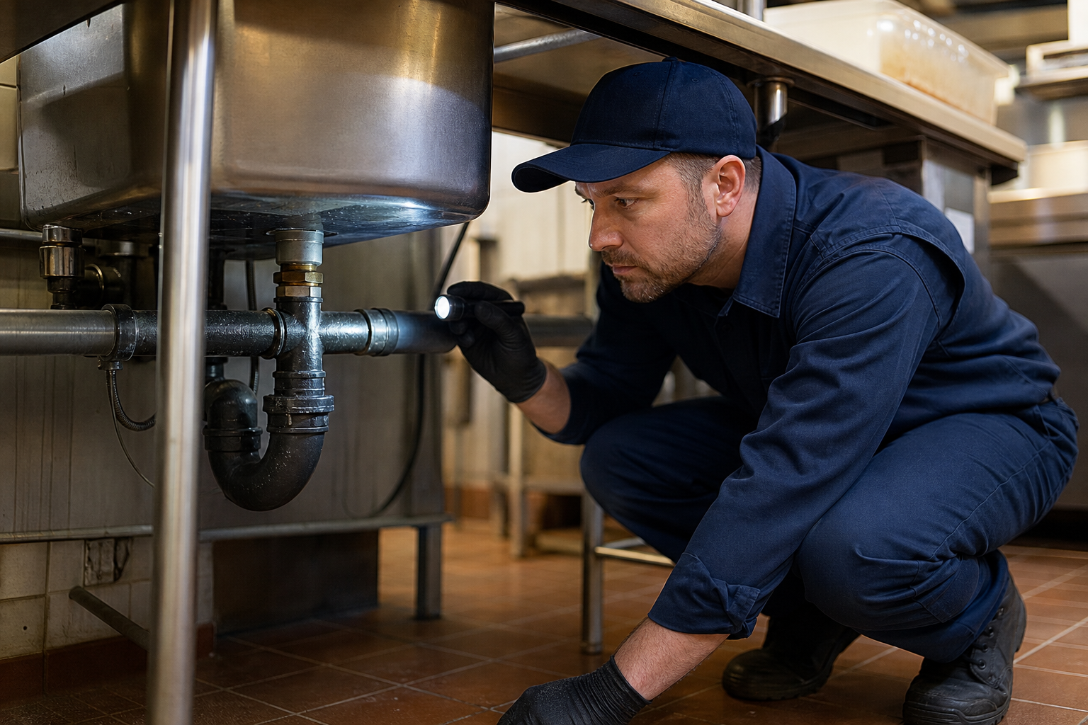 Plumber performing commercial plumbing maintenance Kaufman County restaurant kitchen inspection