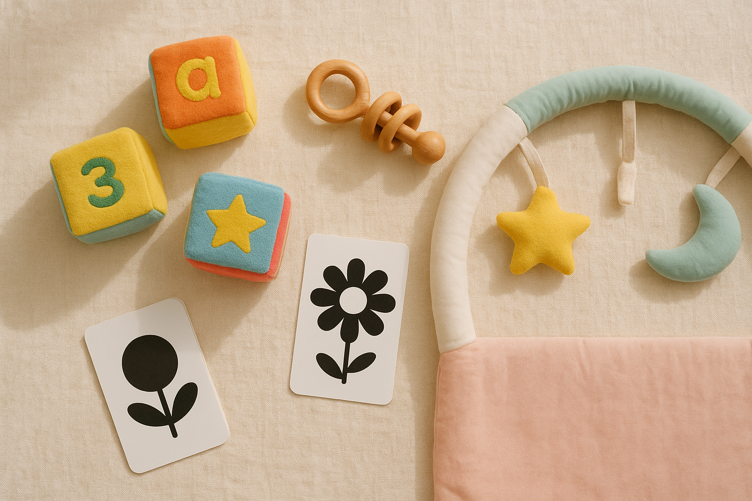 A flat lay of the best baby toys including soft blocks, a wooden rattle, and a high-contrast card on a cream linen surface