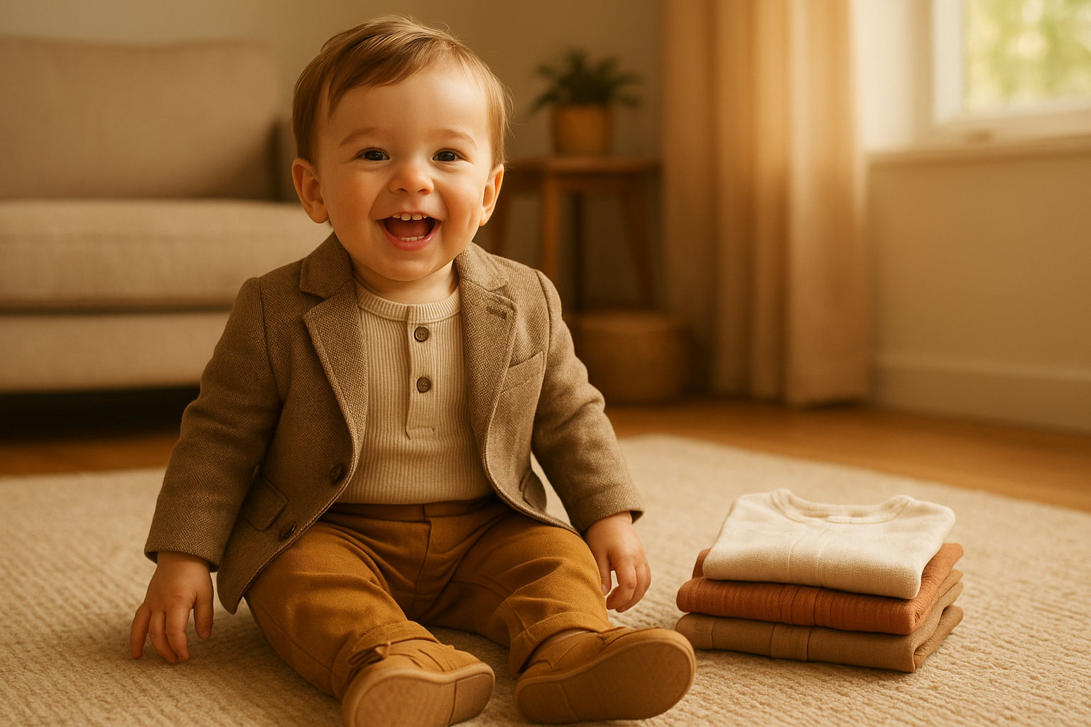 Happy toddler wearing stylish children's rental clothing in a warm, sunlit family living room