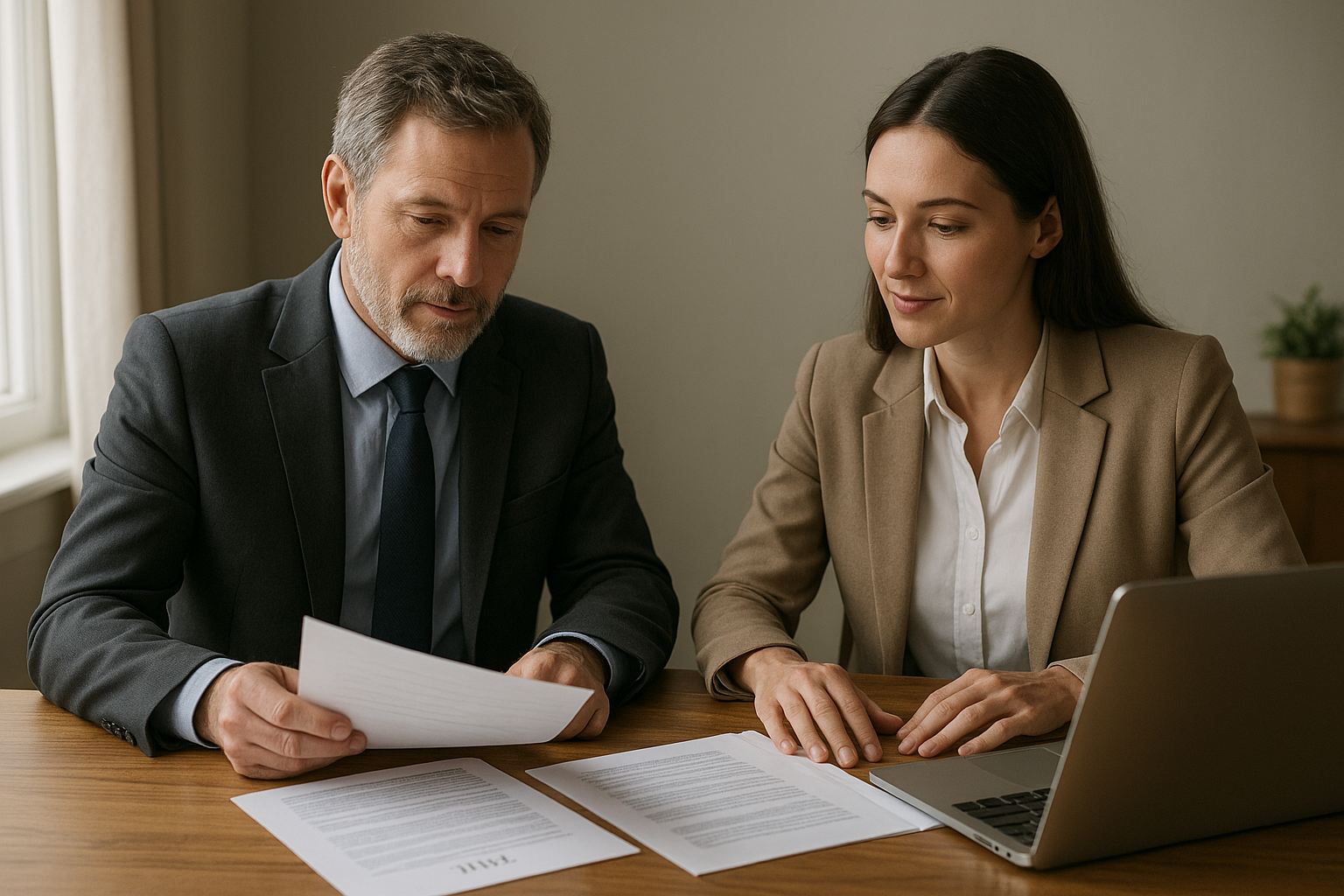 Executor and REALTOR reviewing probate estate paperwork at a table