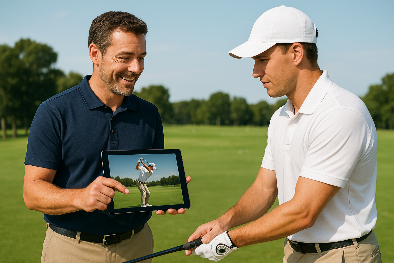 Coach and golfer reviewing swing analysis footage during a remote golf lesson