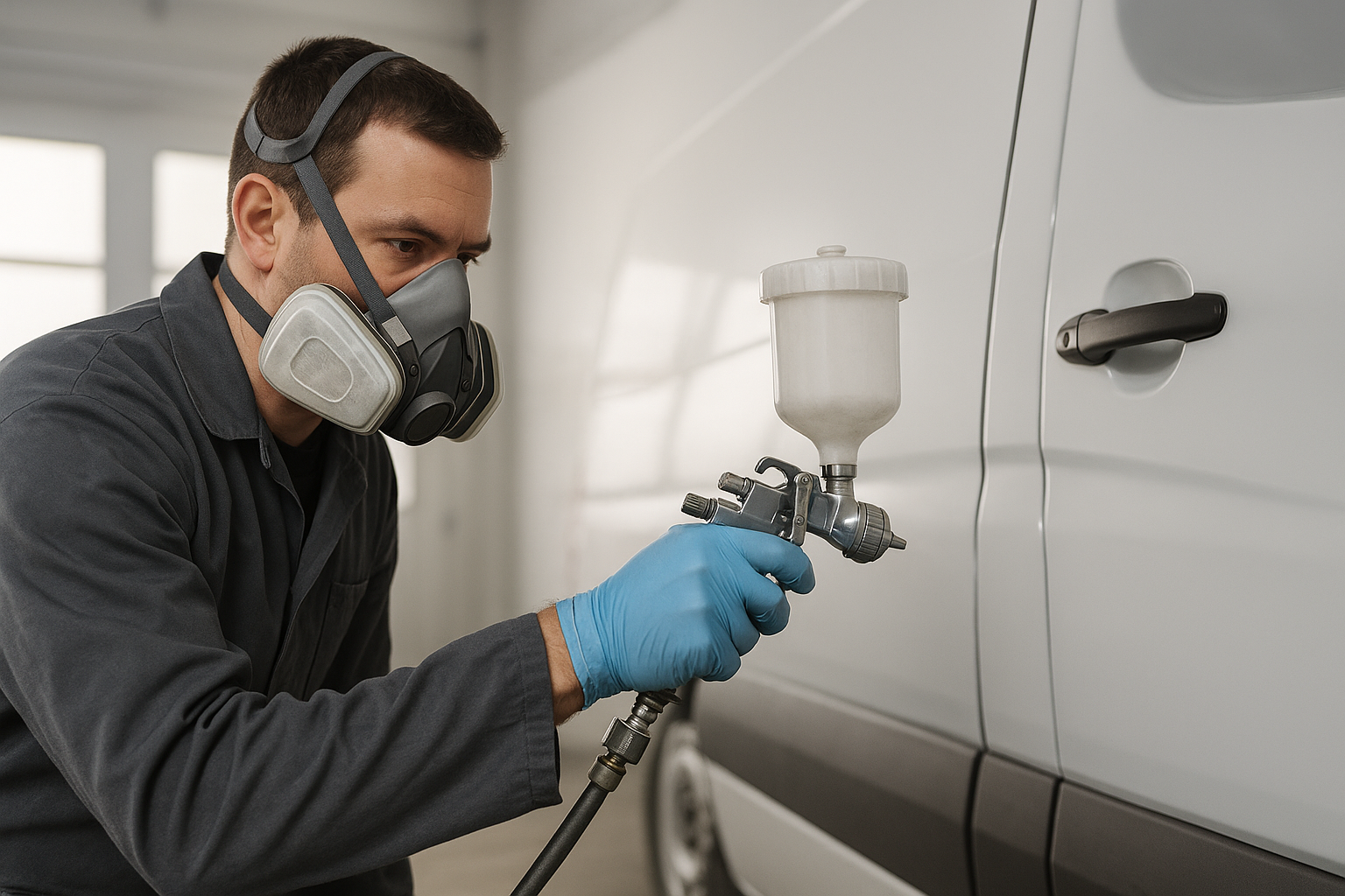 Auto body technician applying precision paint to a commercial van in a professional repair shop