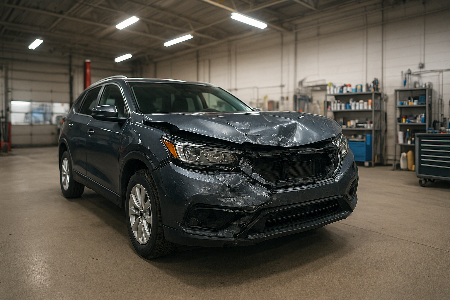SUV with front-end damage being assessed for collision repair for SUVs Brea