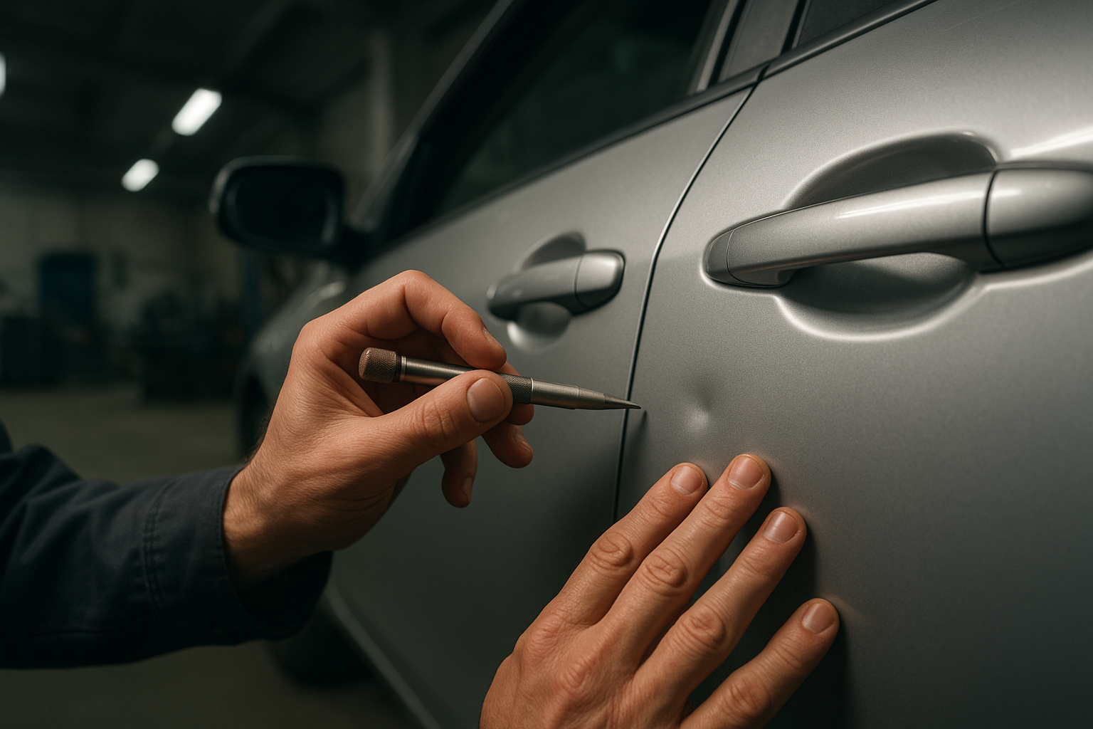 Close-up of dent measurement during collision damage repair inspection