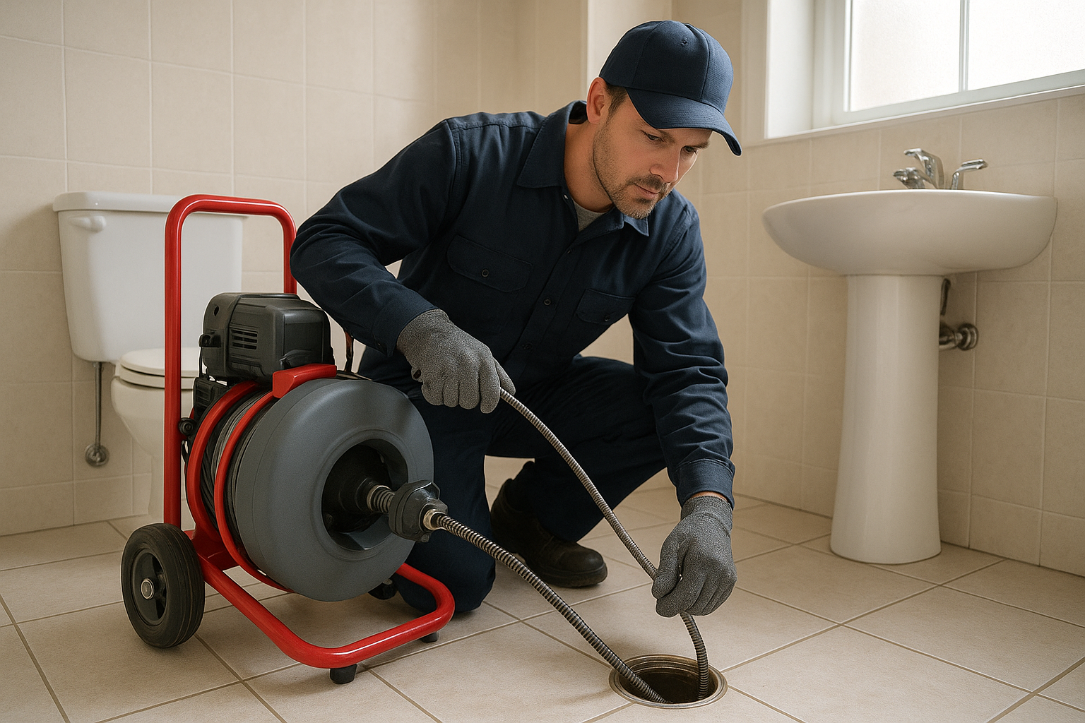 A713e9f8_mechanical-auger-drain-cleaning-terrell-bathroom Plumber performing mechanical auger drain cleaning Terrell homeowners request in a bathroom