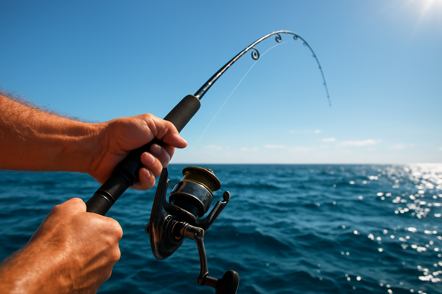 Angler reeling in a fish during a private offshore fishing charter near Myrtle Beach