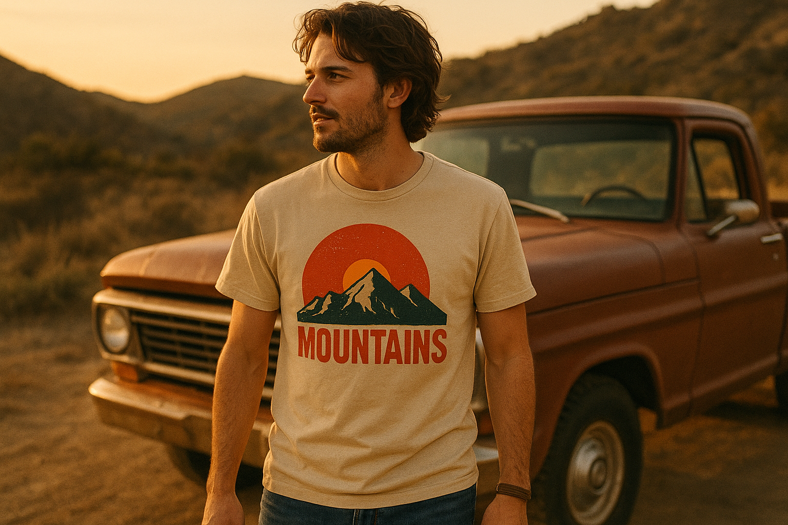 Person wearing a vintage-inspired premium fabric custom t-shirt outdoors near a classic truck