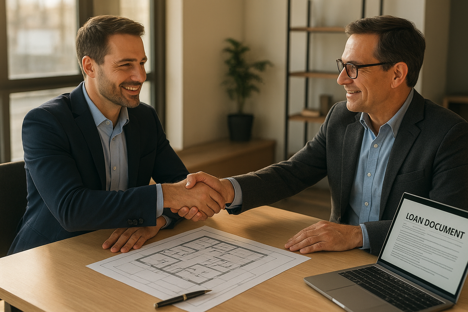 Real estate investor shaking hands with hard money lenders after closing a private loan agreement