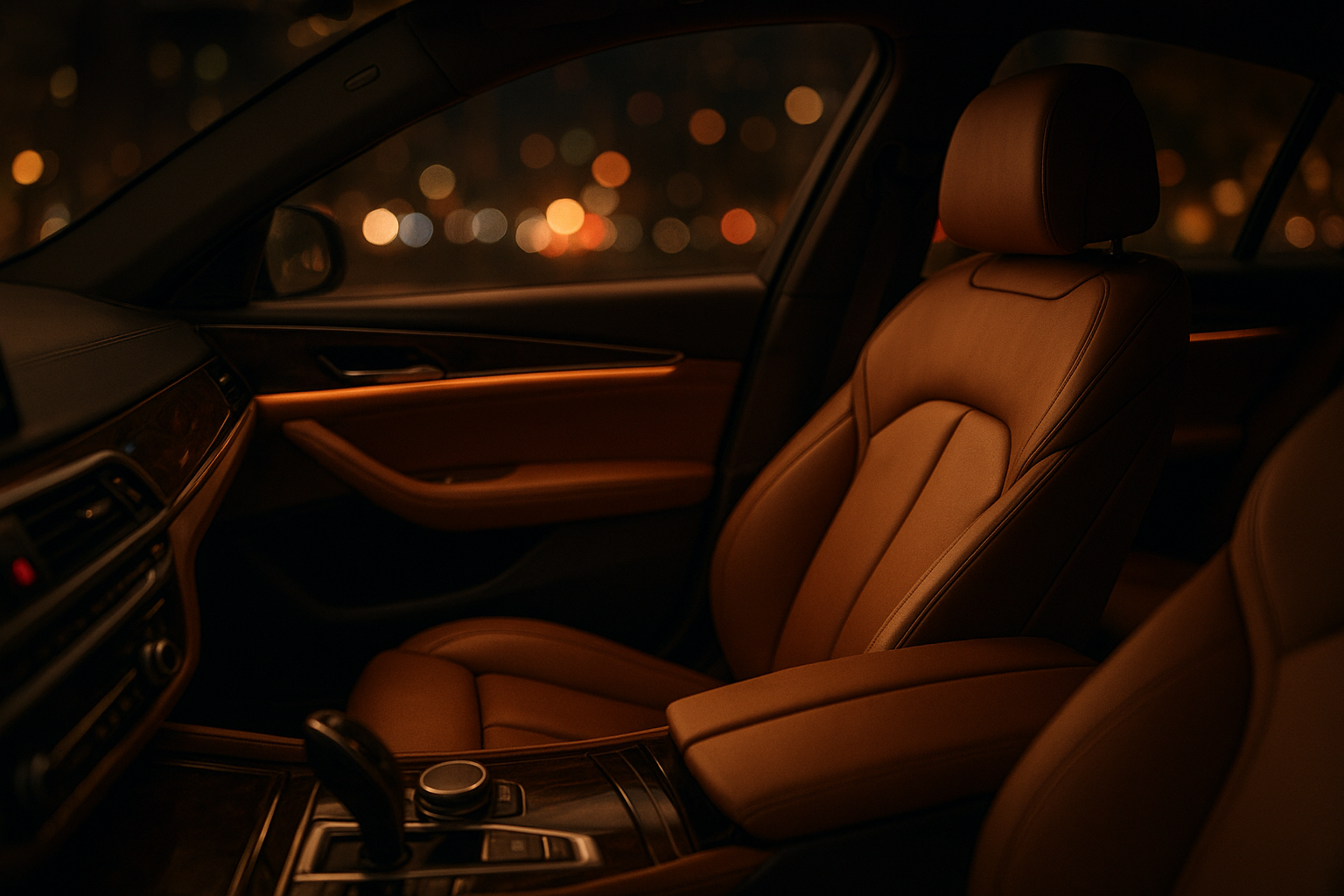 Leather interior of a luxury sedan used for formal event and gala transportation