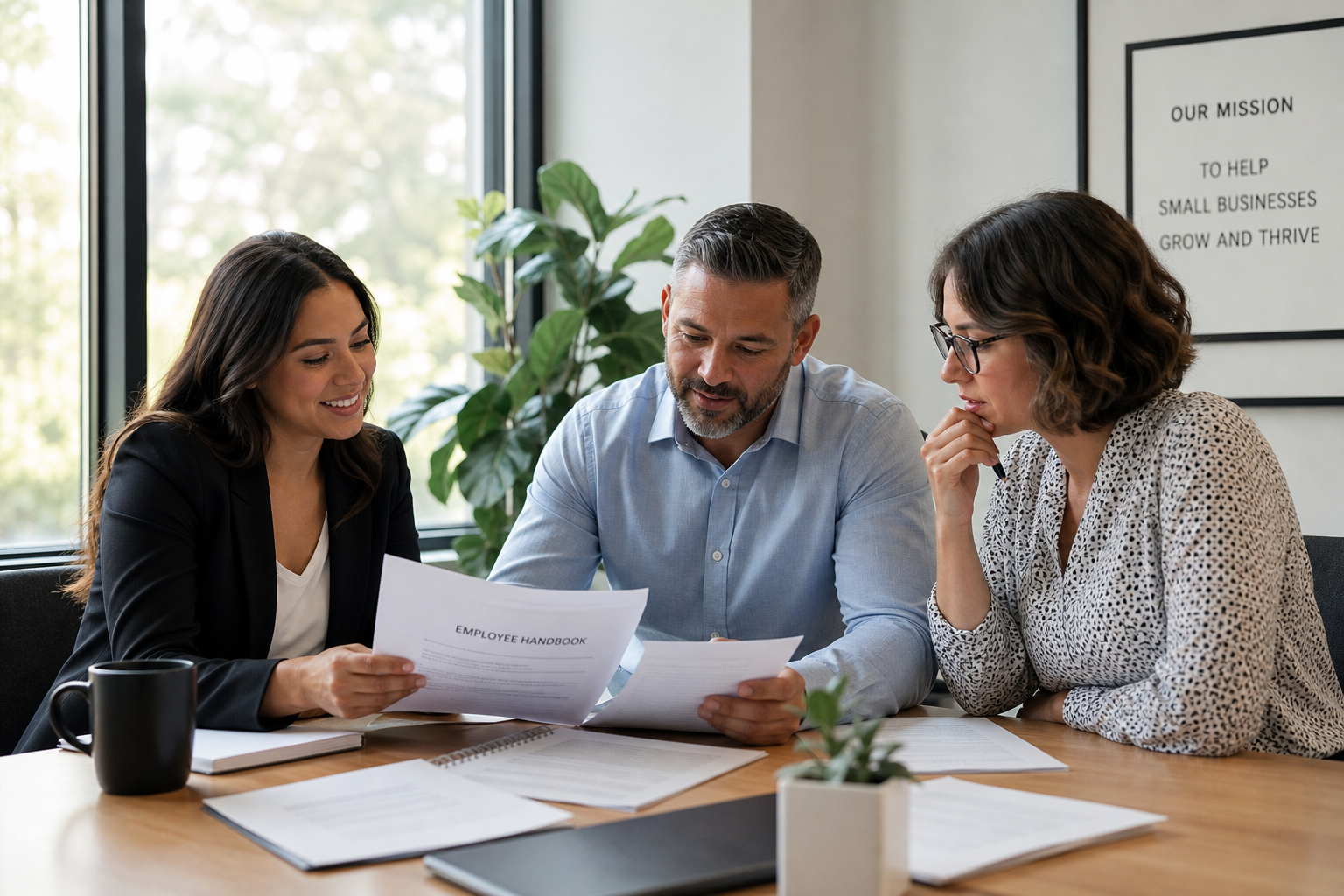 Small business team reviewing HR management documents for small to mid-sized businesses