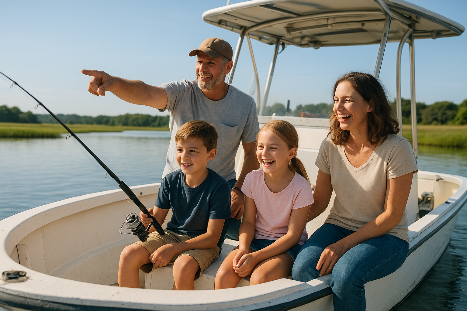 Family enjoying a private wildlife and fishing charter in a calm North Myrtle Beach creek