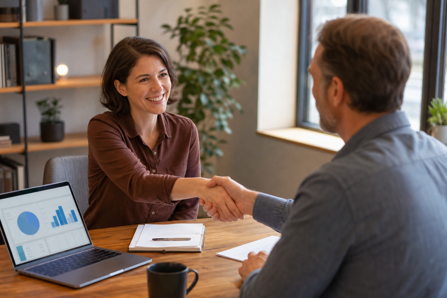 Consultant and small business owner agreeing on a CRM software decision