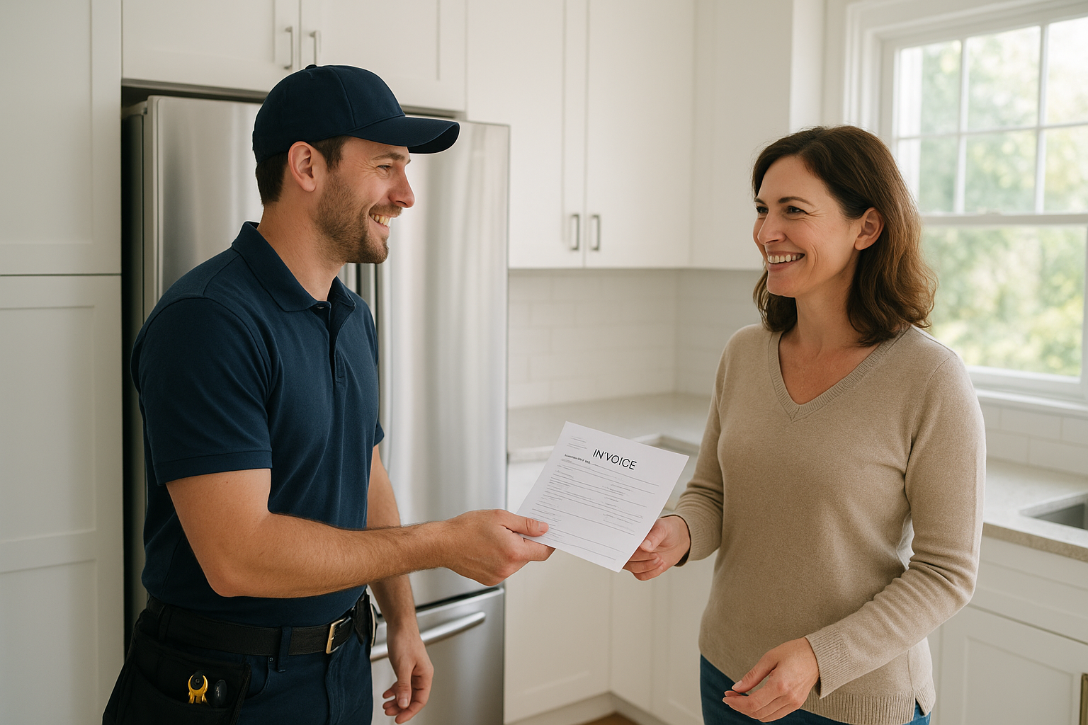 Technician explaining repair estimate to homeowner after fixing a refrigerator