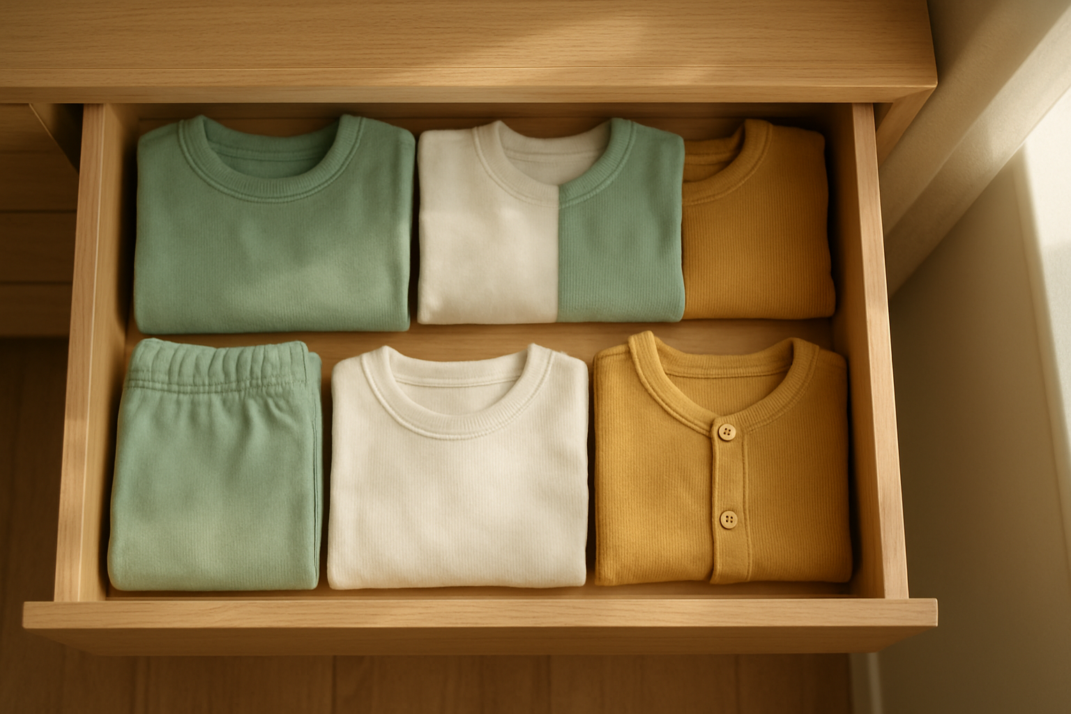 Neatly organized children's wardrobe drawer with sustainable kids clothing in soft natural colors