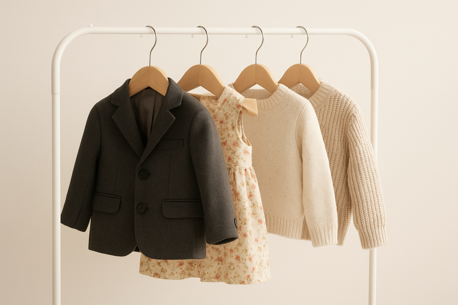 Children's seasonal and occasion wear hanging on a clean white clothing rack for rental
