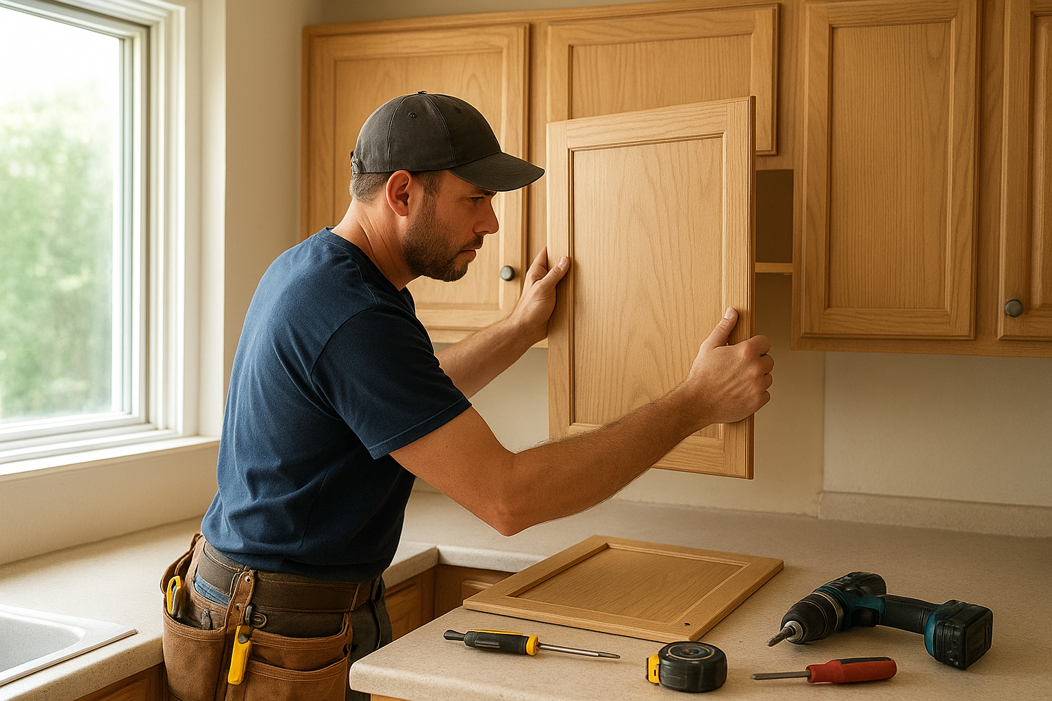 Contractor installing sustainable cabinet door fronts during a green refacing project