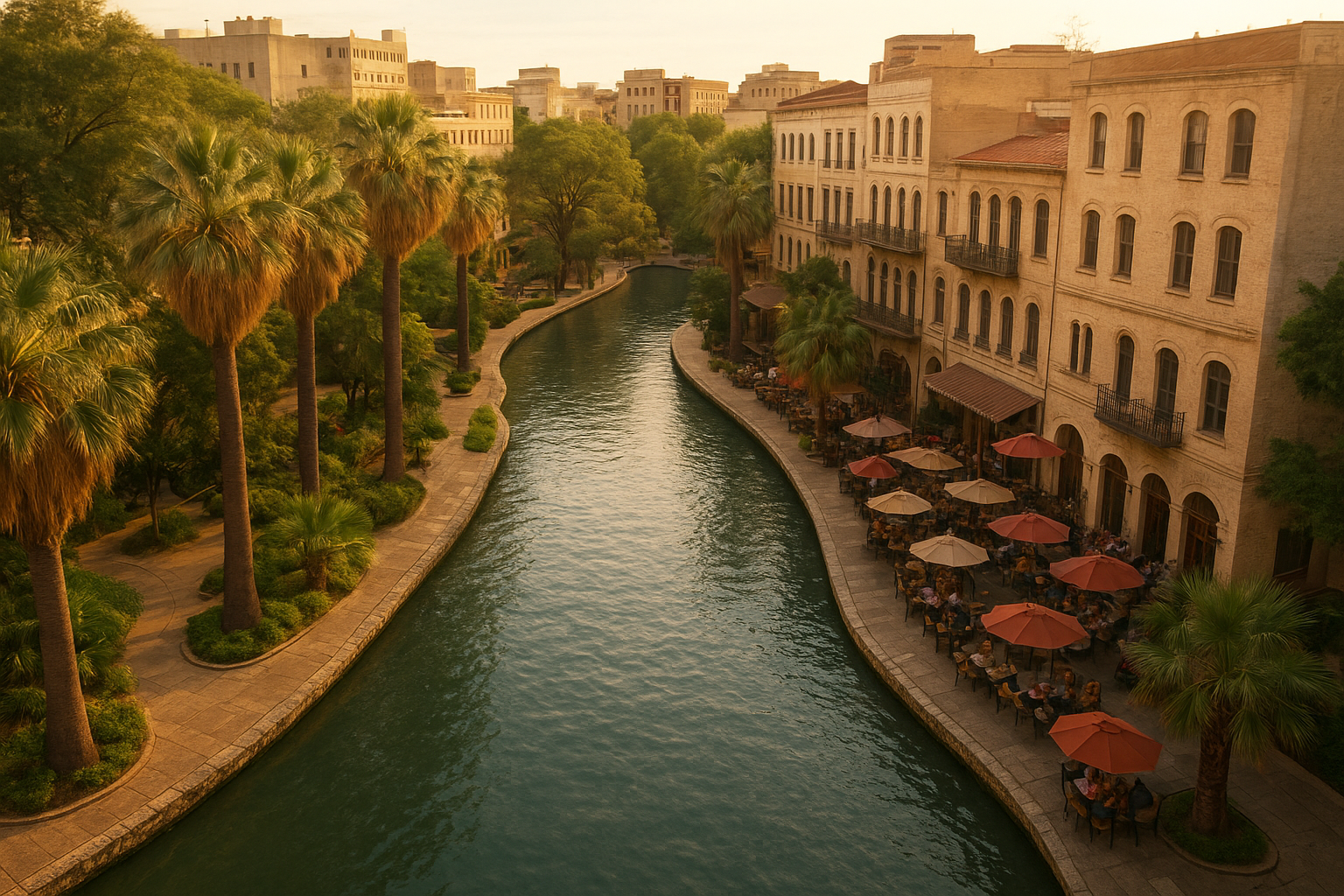 Aerial view of the San Antonio River Walk and downtown skyline
