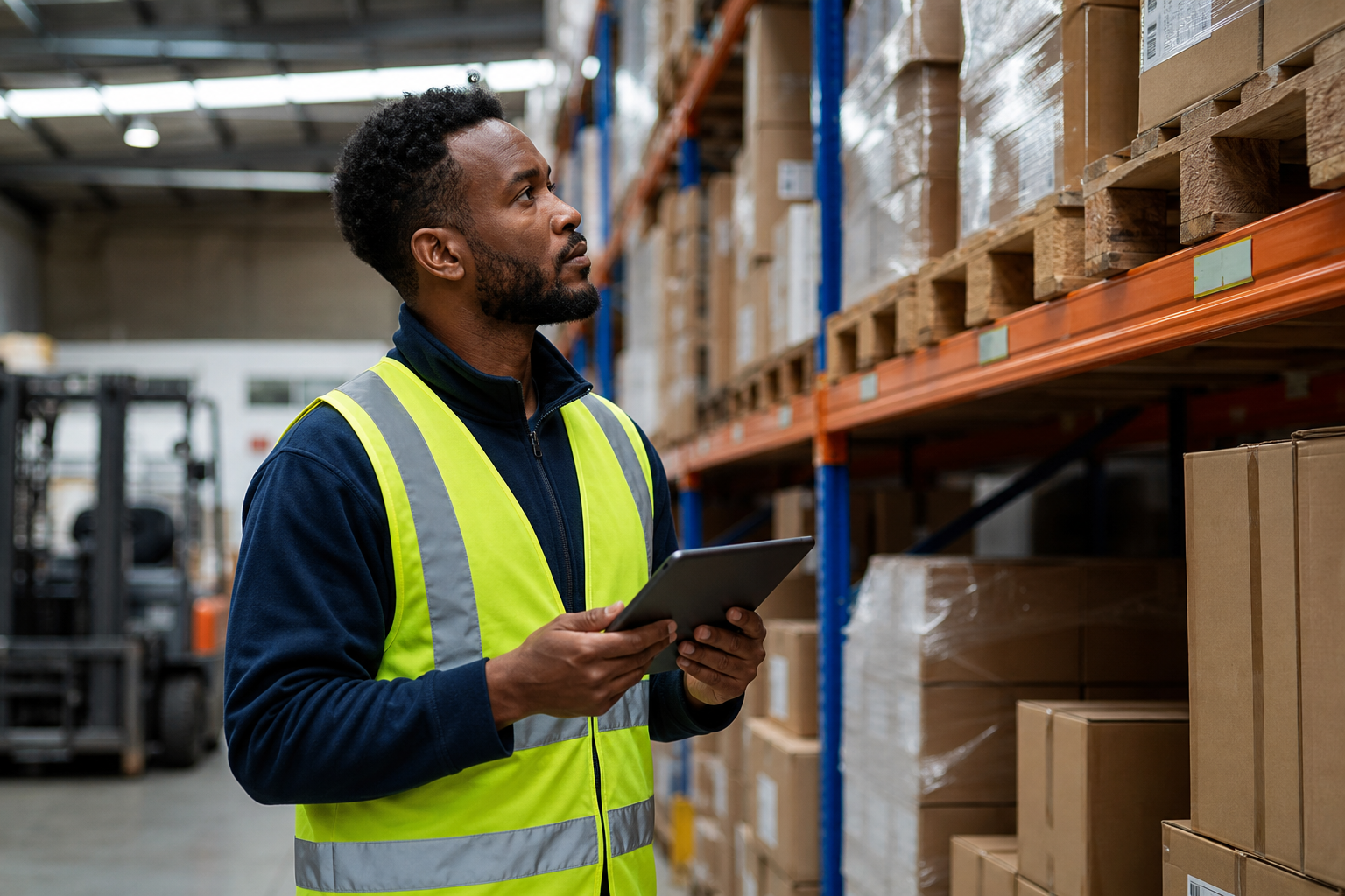 Warehouse worker checking inventory levels on a tablet linked to procurement software