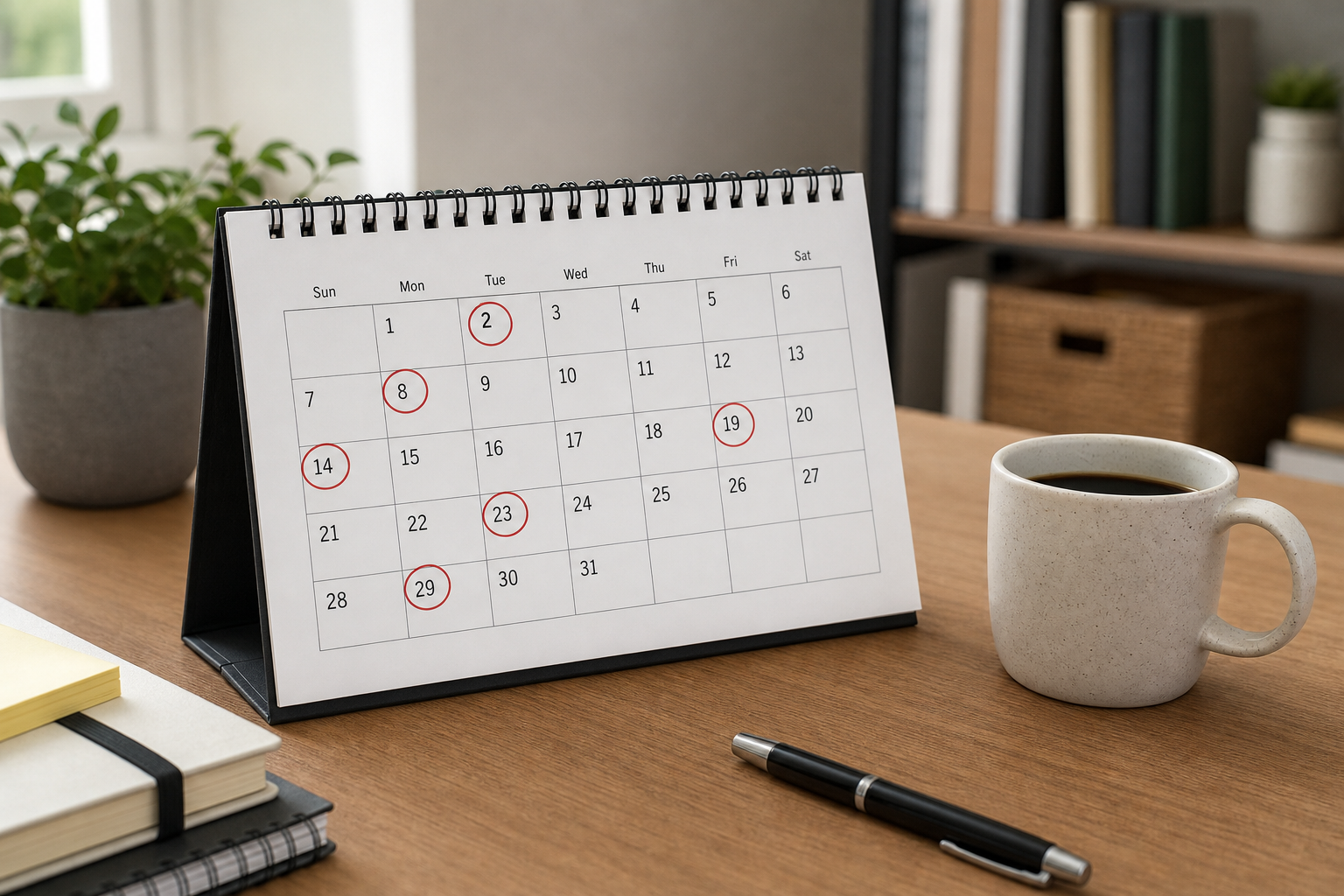 Desk calendar marked with upcoming tax filing deadline reminders