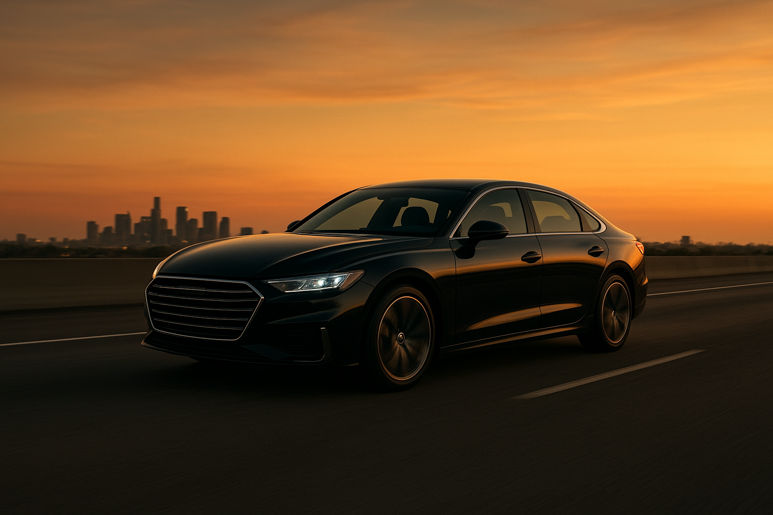 Luxury sedan providing intercity luxury transportation on a highway near Charlotte