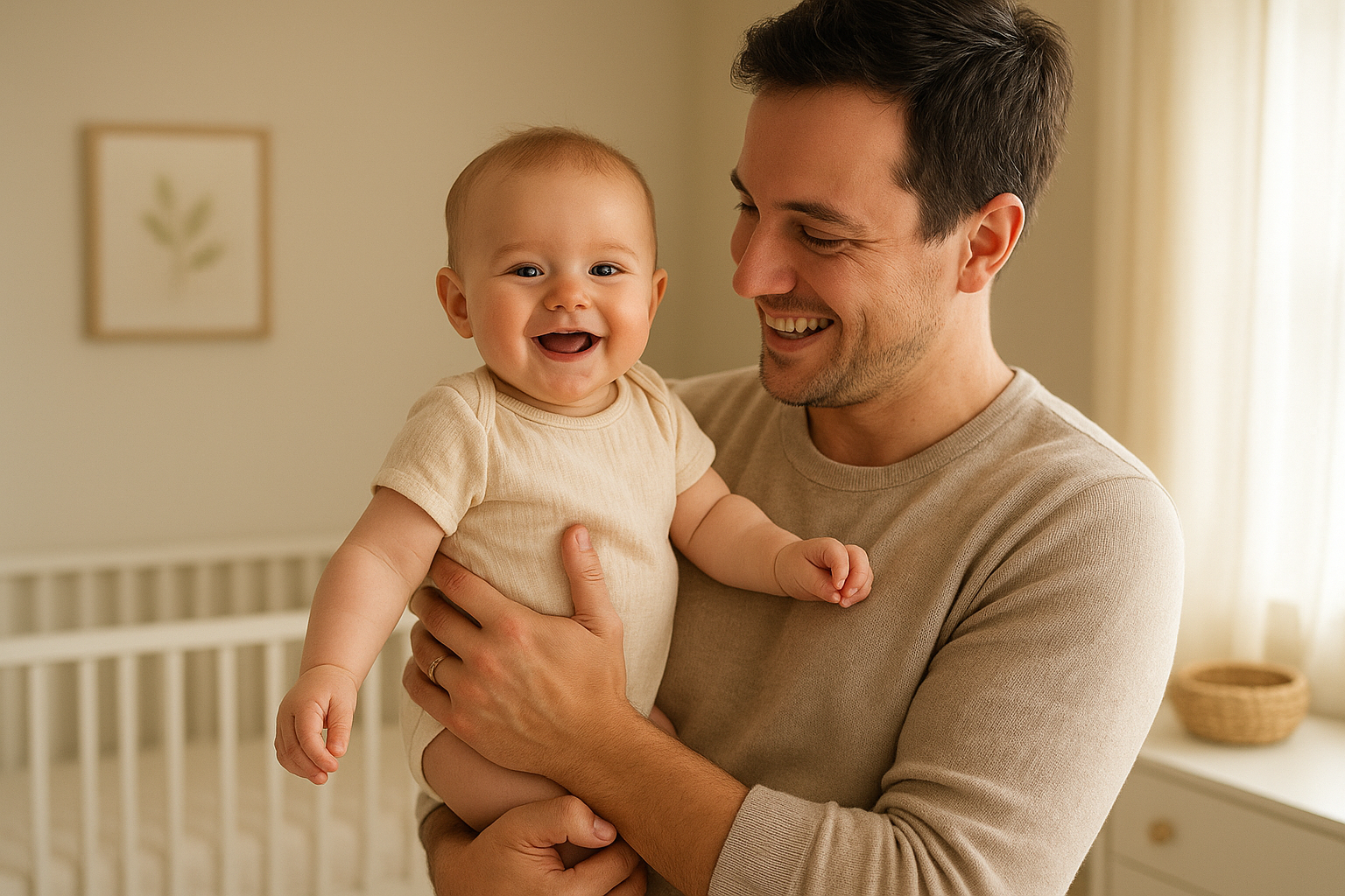 Parent and baby in a nursery with the baby wearing a soft organic cotton rental romper