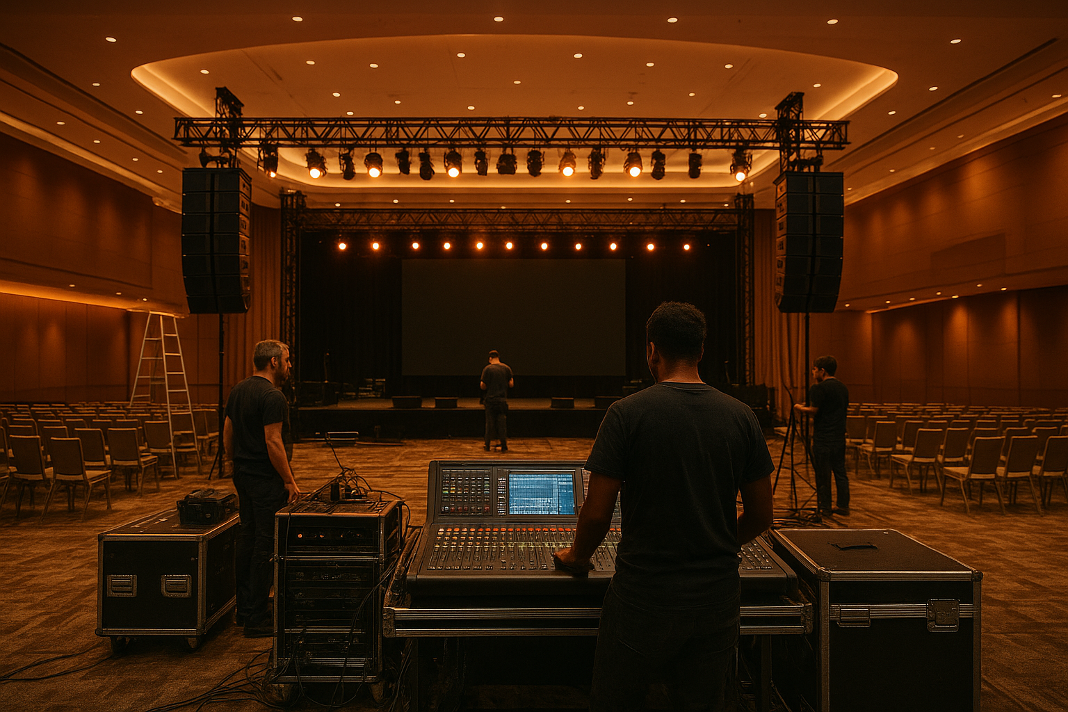 Event AV specialists setting up professional sound and lighting systems in a conference venue