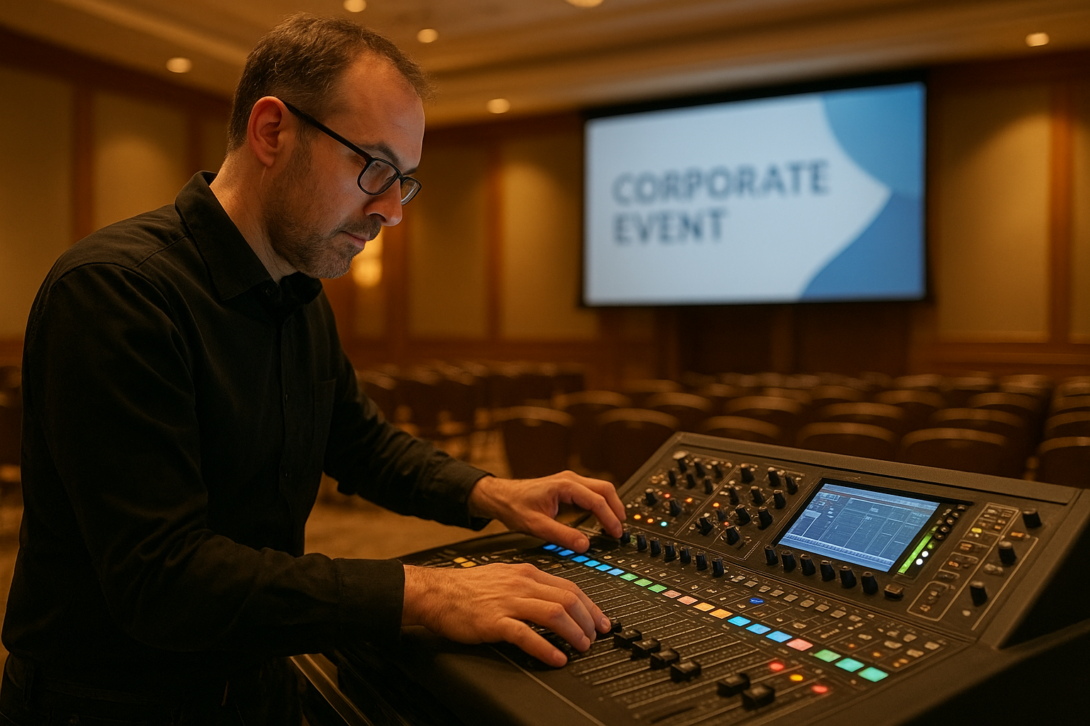 AV technician conducting a sound check at a corporate event venue as part of professional AV rental services