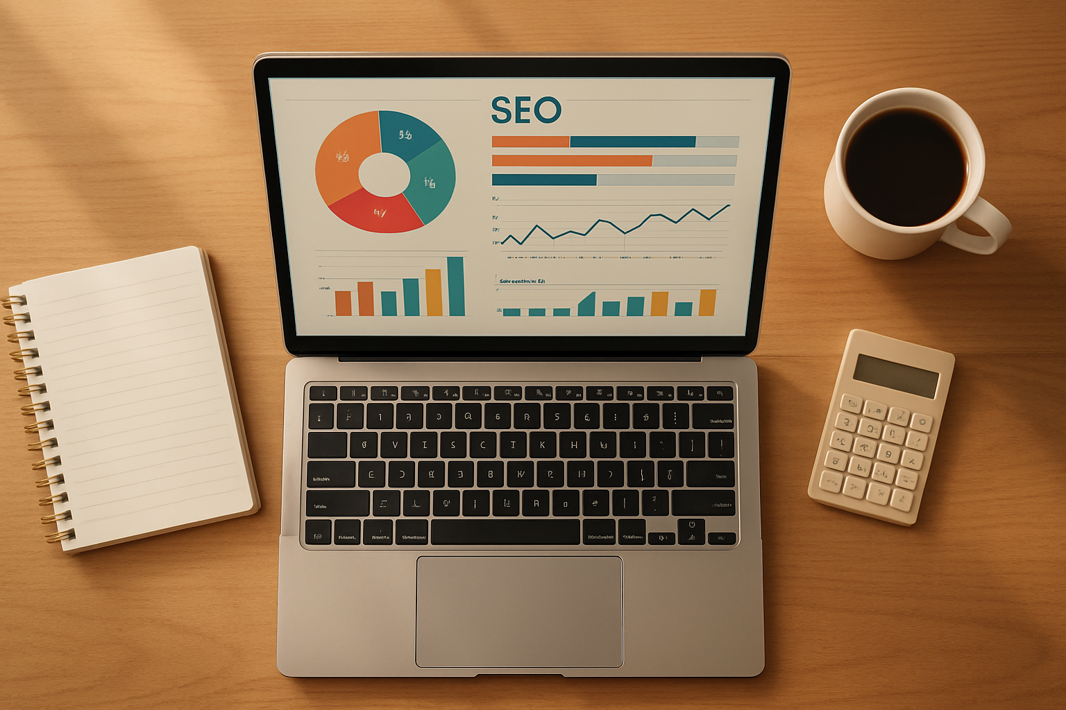 Laptop showing cheaper Semrush alternatives dashboard with keyword and ranking charts