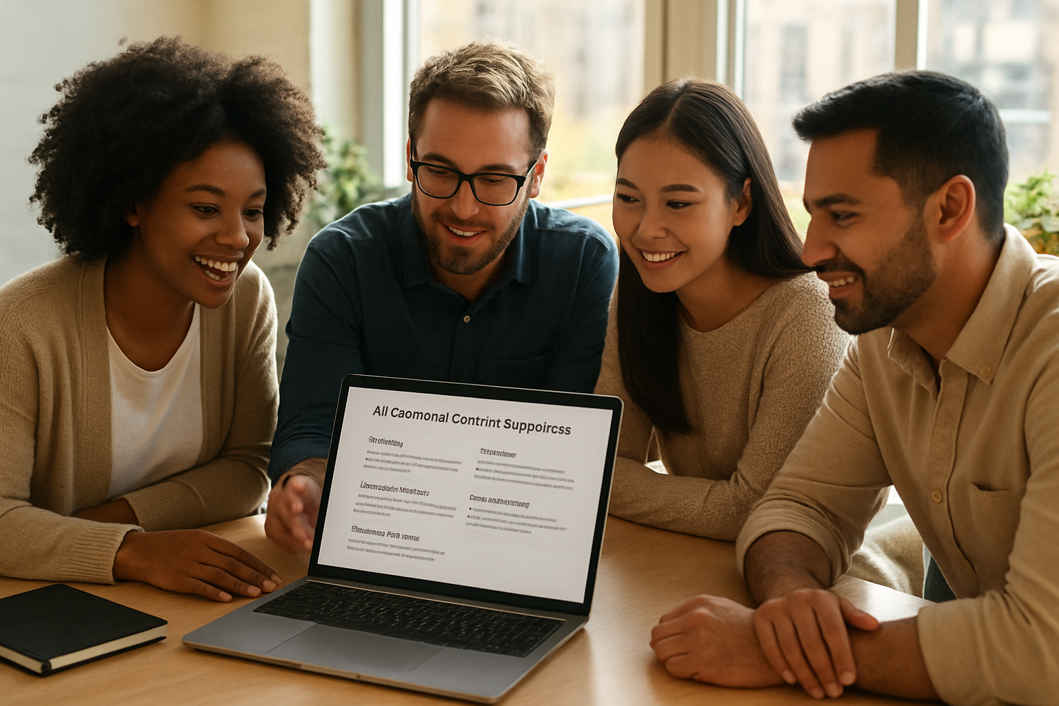Marketing team reviewing AI-generated content recommendations on a laptop