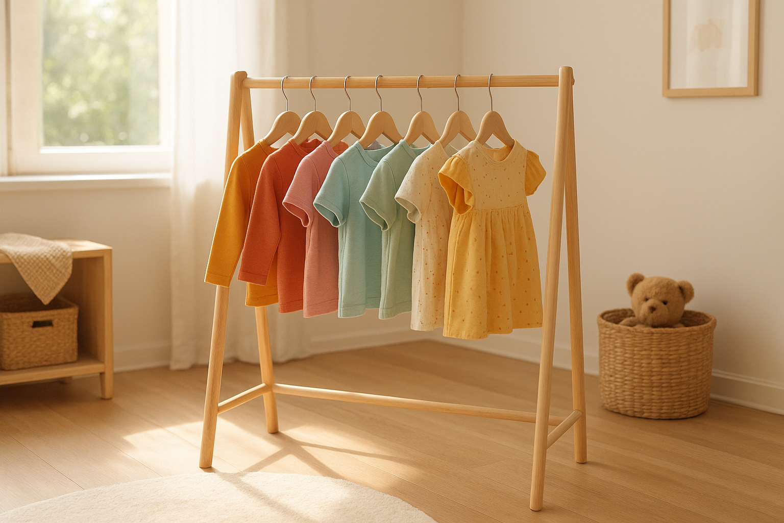 Rotating wardrobe rack showing affordable designer kids wear for a growing child