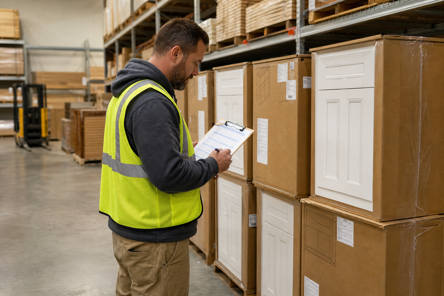 Warehouse staff matching a material order sheet to cabinet boxes for a kitchen remodeling job
