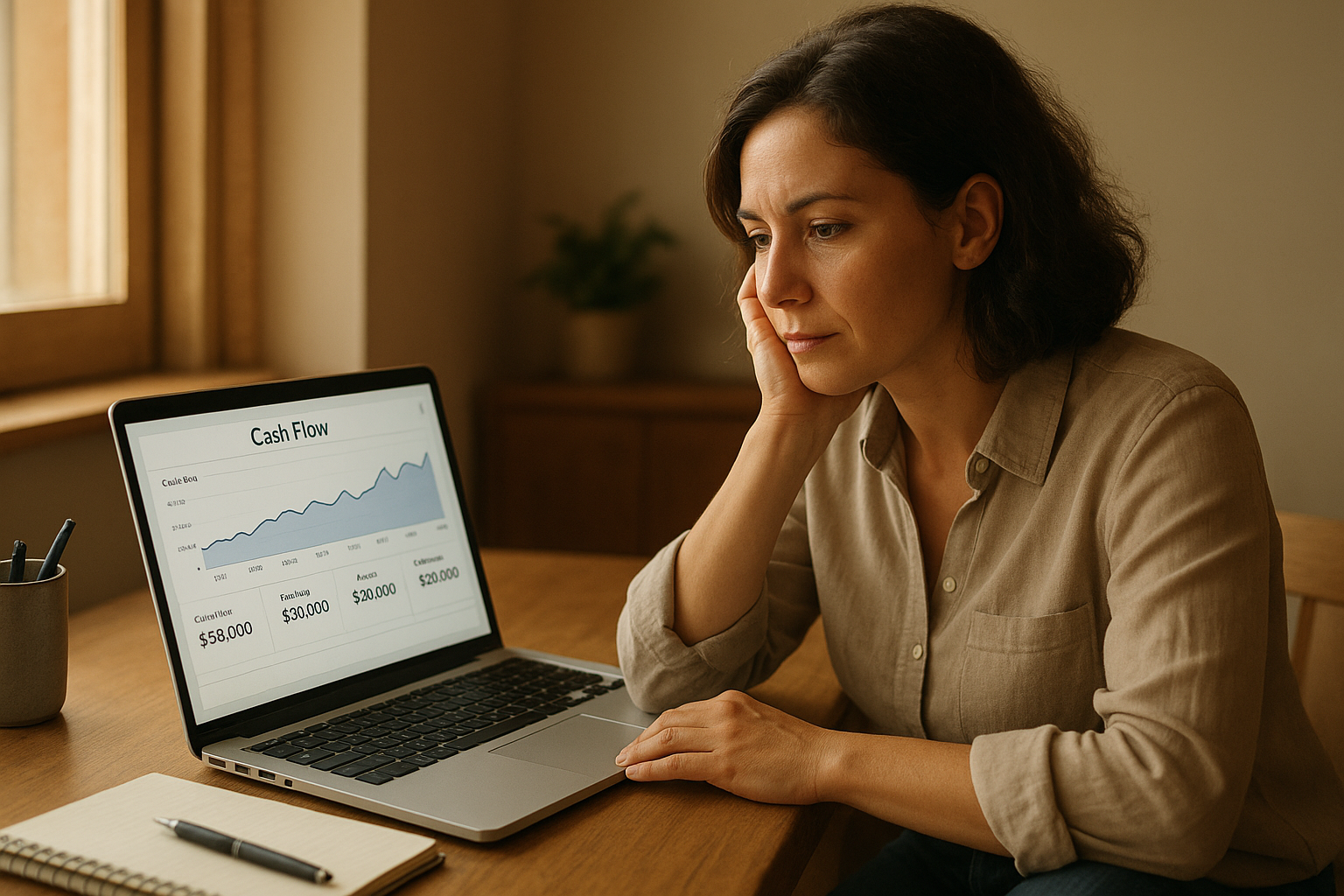 Business owner analyzing working capital financing for small businesses on a laptop dashboard