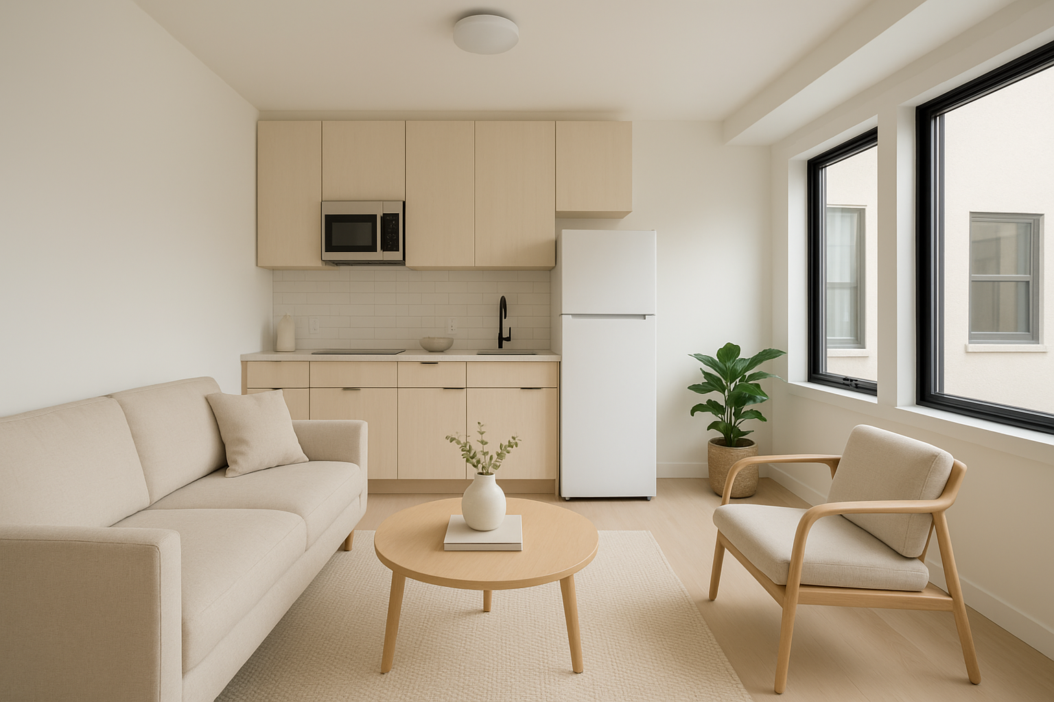 Bright modern interior of an ADU rental studio apartment with kitchen and living space