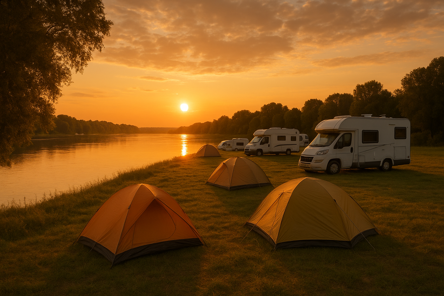 Riverfront tent and RV campground along the Buffalo River at sunset